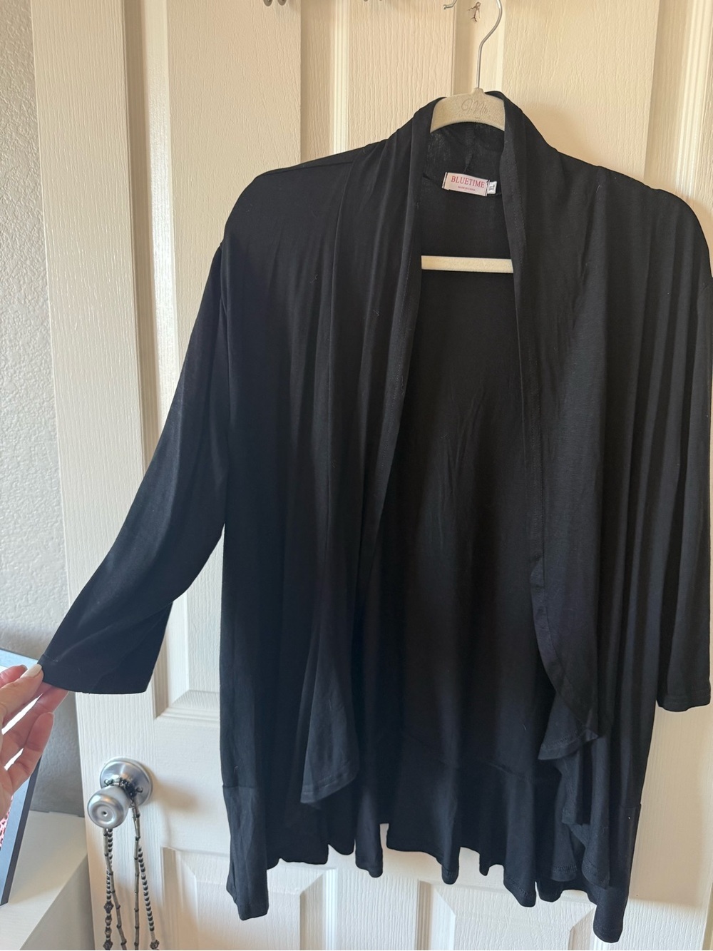 BLUETIME Black Open Front Cardigan Kimono Ruffle Hem 3/4 Sleeve Size L/XL